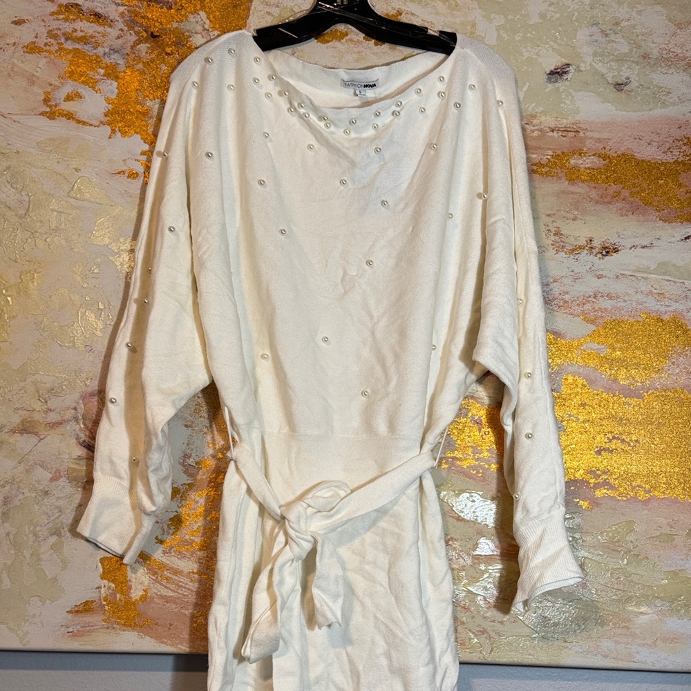 Fashion Nova White Sweater Dress with Pearl Accents Large